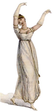 illustrated image of regency period woman in a white empire line dress and long white gloves waving her arms above her head